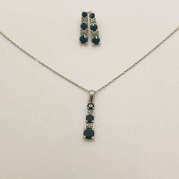 10kt Gold, Blue Sapphire, & Diamond Necklace & Earrings Set
