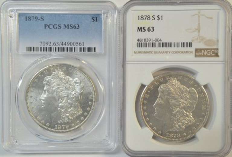 Very Choice BU 1878-S & 1879-S Morgans. NGC & PCGS MS63