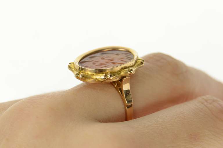 14K Yellow Gold Carved Arabic Elaborate Carnelian Oval Statement Ring