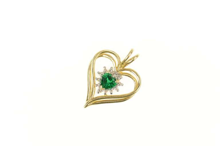 10K Yellow Gold Heart Syn. Emerald Diamond Accent Love Pendant