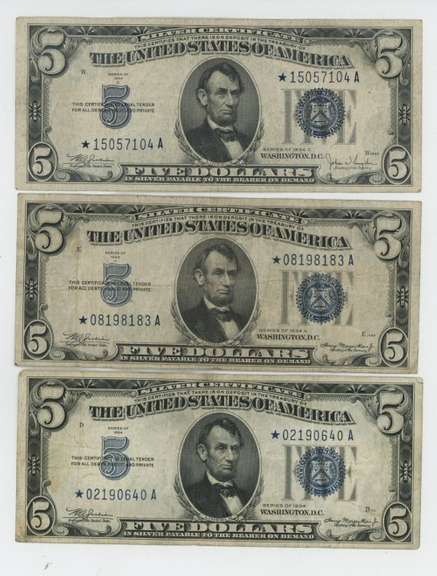 3 Scarce 1934 Series $5 Blue Seal Silver Cert STAR notes