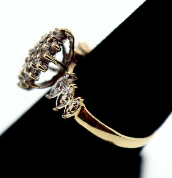10k Gold Diamond Cluster Ring Flanked by Mini-Clusters