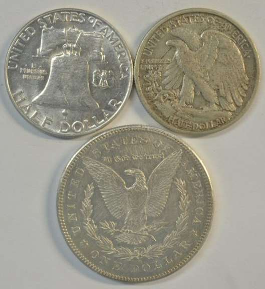 1947-D 50c, 1953-D 50c, and 1878-S Morgan Silver Dollar