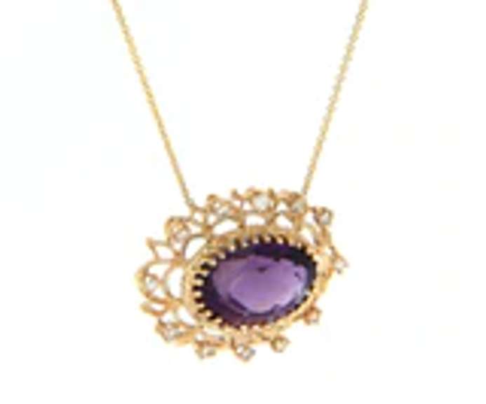 Dreamy Yellow Gold oval Amethyst and Diamond Pendant on Necklace