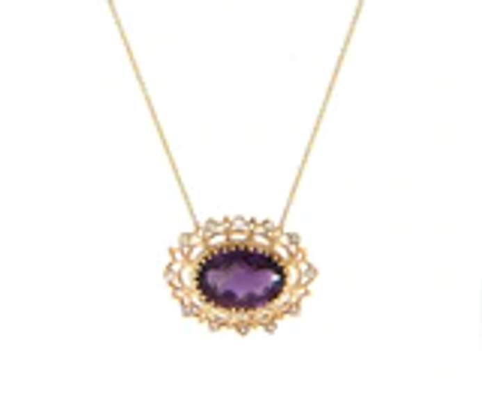 Dreamy Yellow Gold oval Amethyst and Diamond Pendant on Necklace