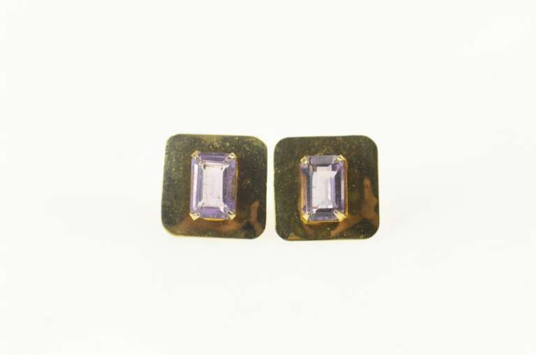 14K Yellow Gold Emerald Cut Sim. Amethyst Squared Stud Earrings