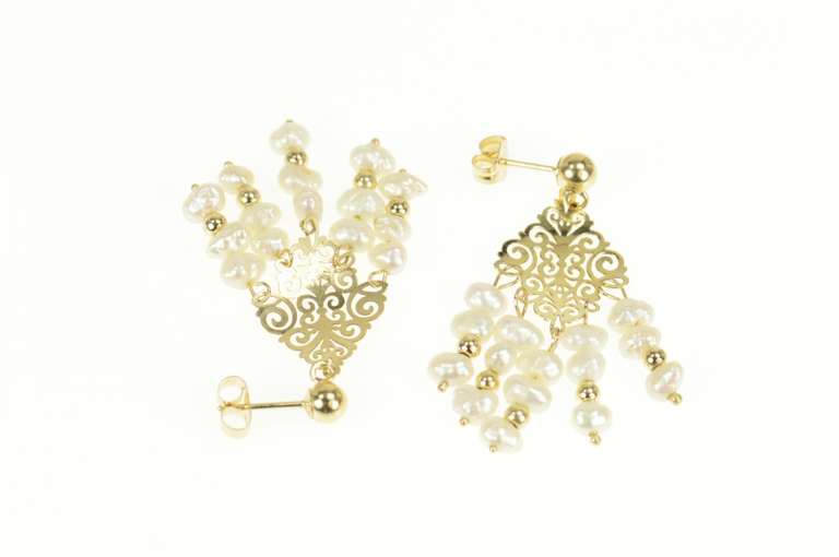 14K Yellow Gold Ornate Scroll Filigree Pearl Fringe Dangle Earrings