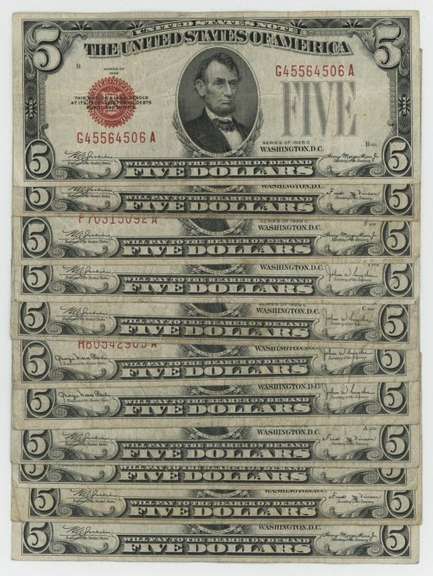 Lot of 11 Series of 1928 Small Size $5 Red Seal Notes