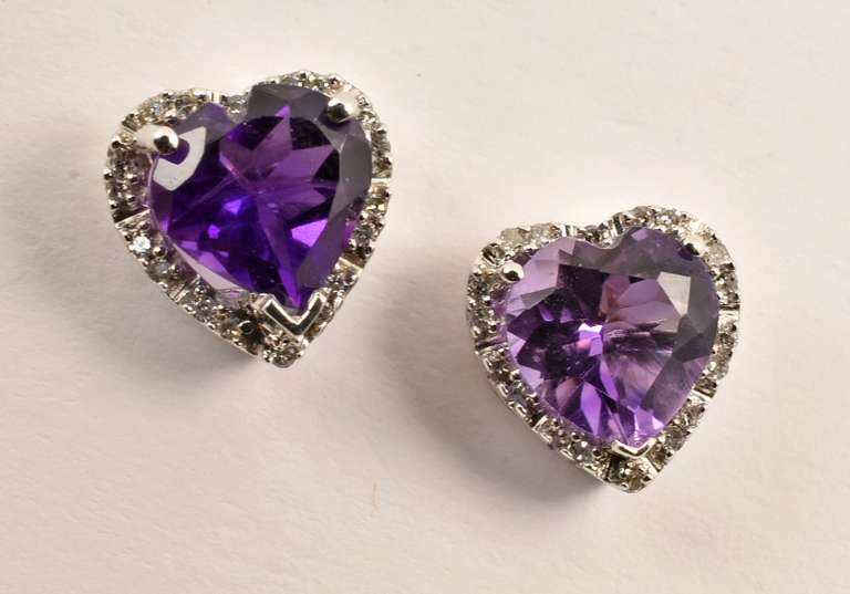 Heart Shaped Amethyst & Diamond Earrings