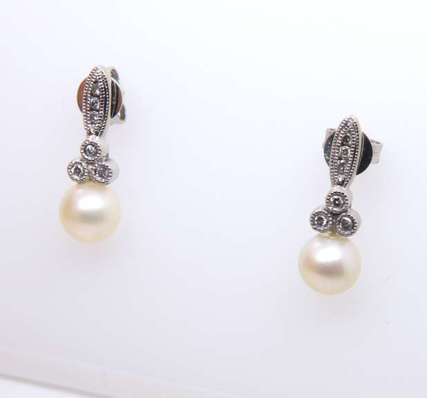 Elegant White Gold Pearl and Bezel Set Diamond Earrings