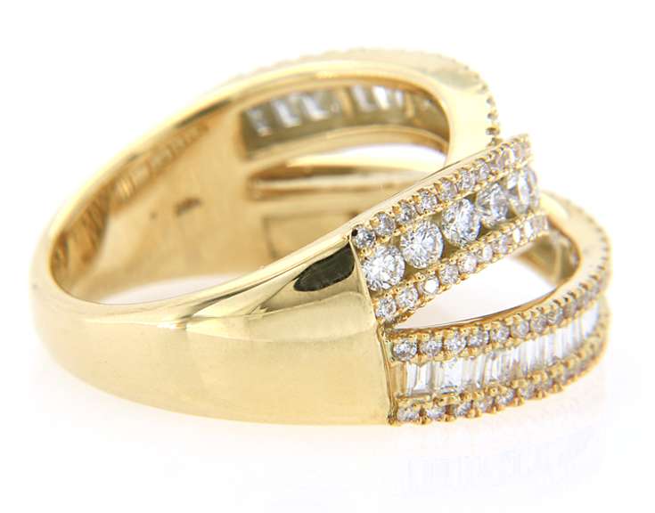 Dramatic Yellow Gold Round and Baguette Diamond Crossover Ring