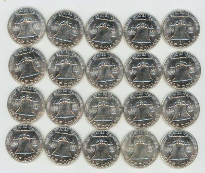 Choice BU Roll of 20 1963 Franklin Half Dollars. Flashy-white