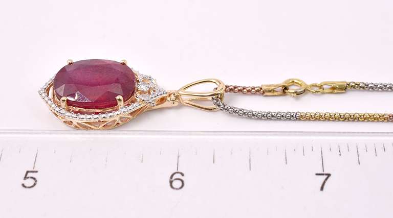 Brilliant 12.11CTS Ruby & 0.06CTS Diamond Pendant Necklace in Gold Plated Sterling Silver