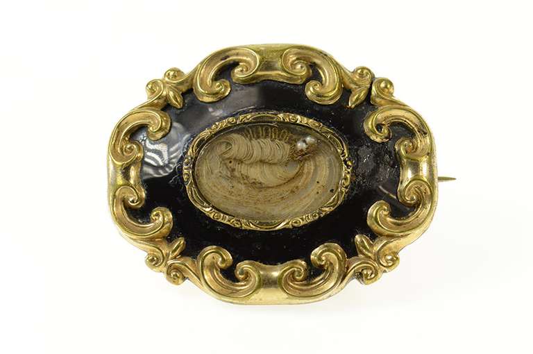 Gold Filled Victorian Mourning Jewelry Hair Ornate Enamel Pendant/Pin