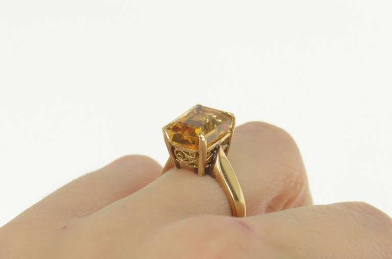 18K Yellow Gold 1960's Emerald Cut Citrine Ornate Cocktail Ring