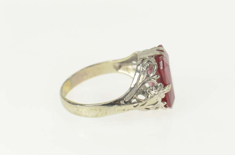 10K White Gold Art Deco Syn. Ruby Filigree Statement Ring