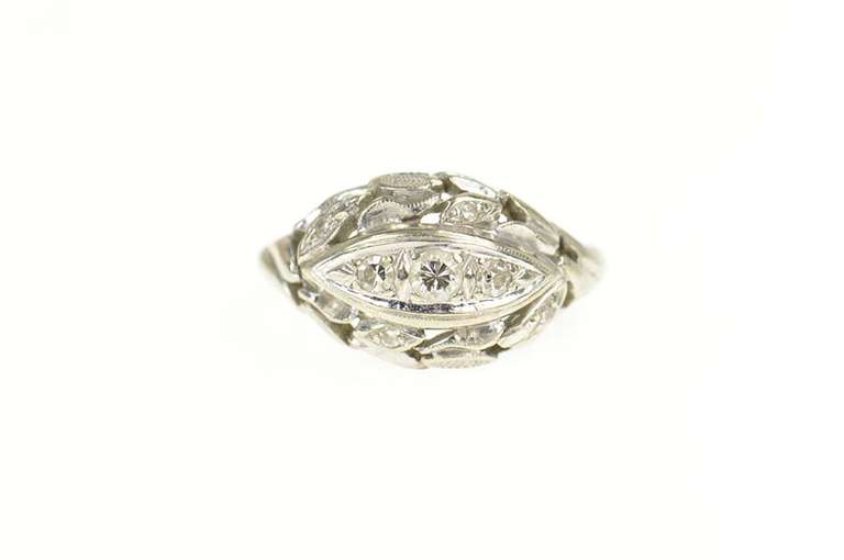 14K White Gold 1950's Diamond Ornate Leaf Vine Statement Ring