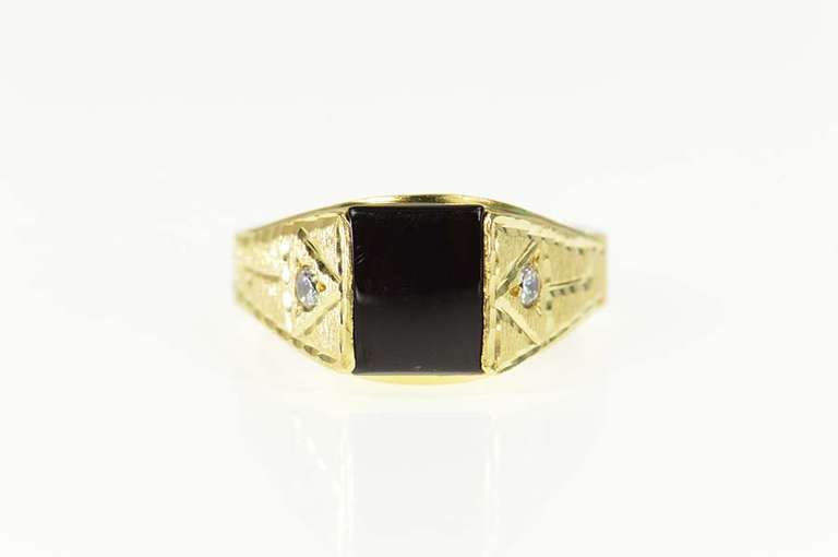 18K Yellow Gold Black Onyx Squared Diamond Accent Etched Ring