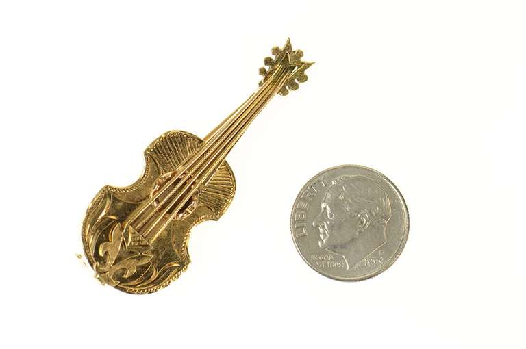 14K Yellow Gold Elaborate Ornate Guitar Musical Instrument Pin/Brooch