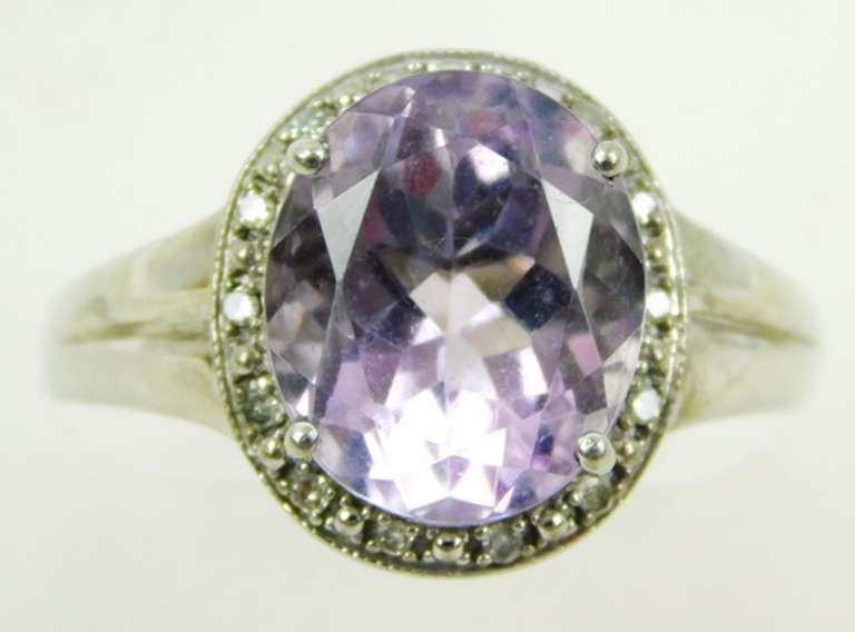 Very Fine Sterling Amethyst & Diamonds Halo Ring, 6