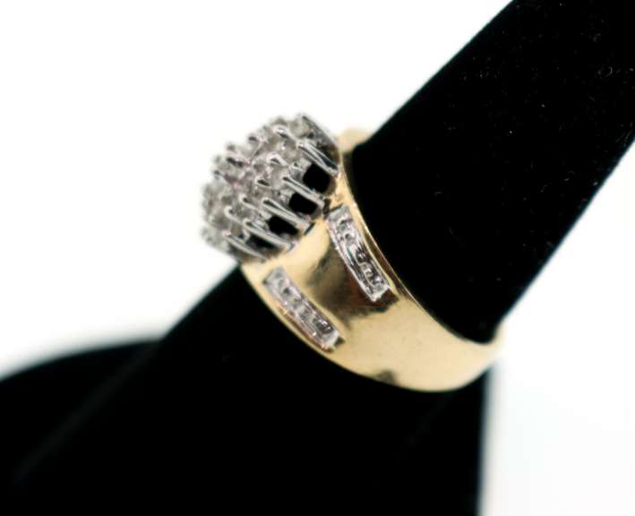 Powerful Diamond Cluster 10k Gold Ring with Channel Set Diamonds