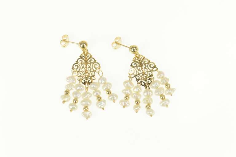 14K Yellow Gold Ornate Scroll Filigree Pearl Fringe Dangle Earrings