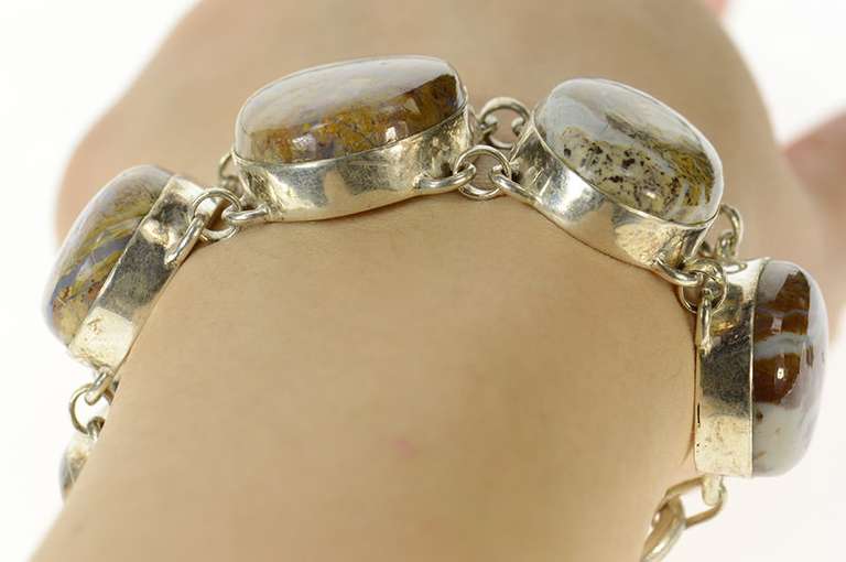Sterling Silver Brown & White Agate Cabochon Ornate Chain Bracelet