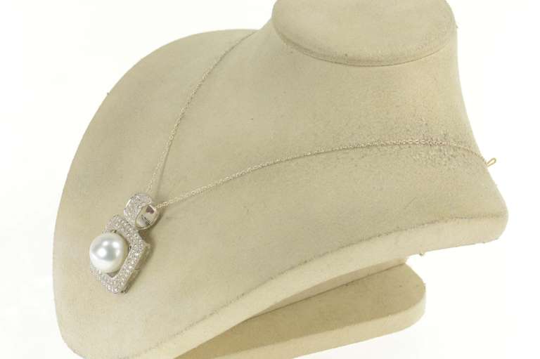14K White Gold 2.70 Pave Diamond Pearl Square Statement Pendant