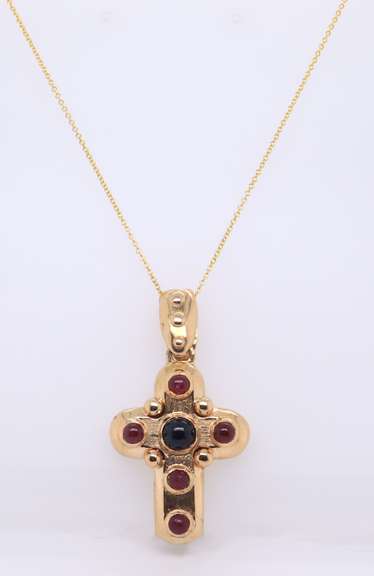 Graceful Yellow Gold Ruby and Sapphire Puffed Cross Pendant on Chain