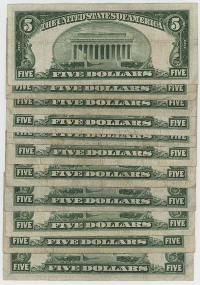 Lot of 11 Series of 1928 Small Size $5 Red Seal Notes