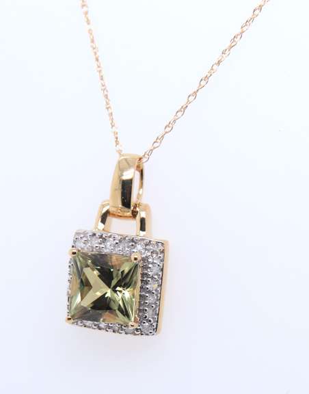 Fantastic Yellow Gold Square Lemon Quartz and Diamond Pendant on Chain