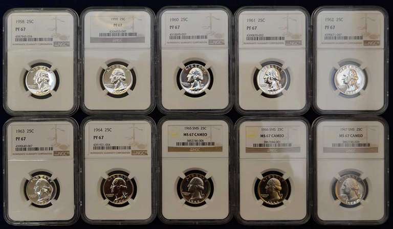 Run Of Proof Washington Quarters1958-1967 NGC PF67 With The SMS As Cameos.