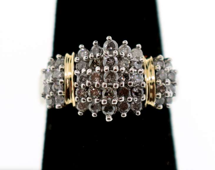 Shiny 10k White and Yellow Gold Diamond Cluster Ring