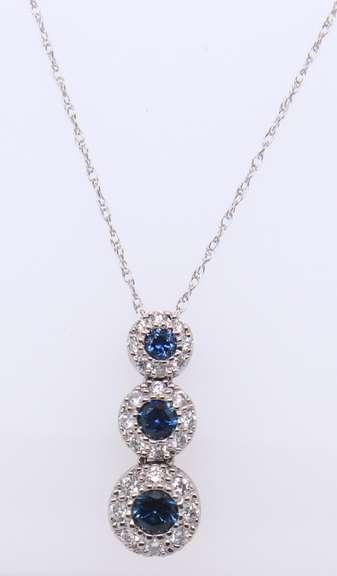 Favorite White Gold 3 Stone Sapphire and Diamond Pendant on Chain