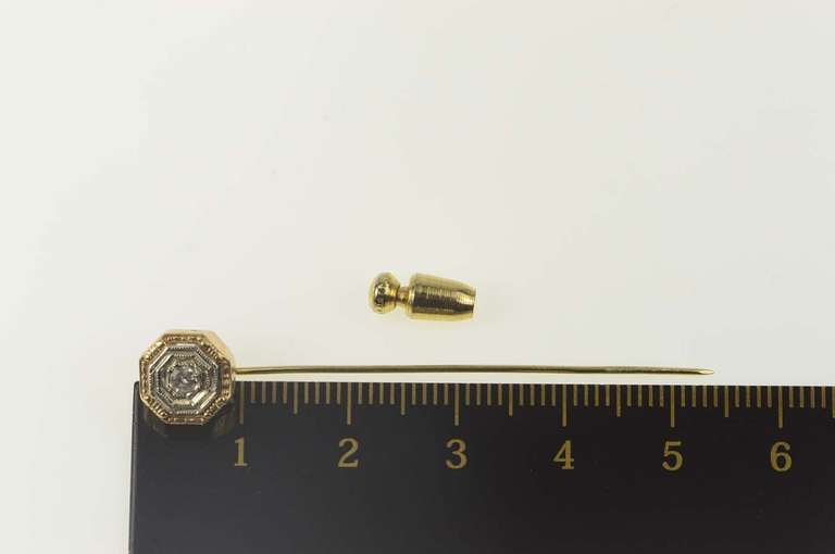 14K Yellow Gold Art Deco Diamond Ornate Etched Squared Stick Pin