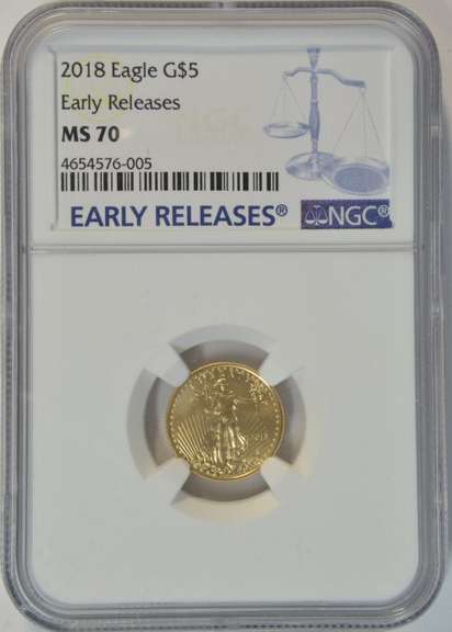 Perfect 2018 $5 Gold Eagle coin. NGC MS70 EARLY RELEASES