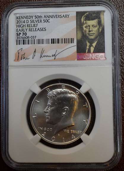 2014-D Kennedy Half Dollar Silver High Relief 50th Anniversary NGC SP70 JFK Holder.