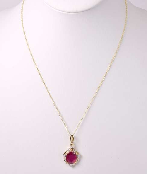 Incredible 0.19CTW Diamond and 5.08CTS Ruby Pendant Necklace in Gold Plated Sterling Silver