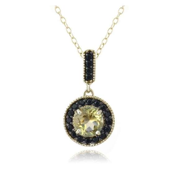 18K Gold over Sterling Silver 2.5ct Citrine & Black Spinel Round Dangle Necklace