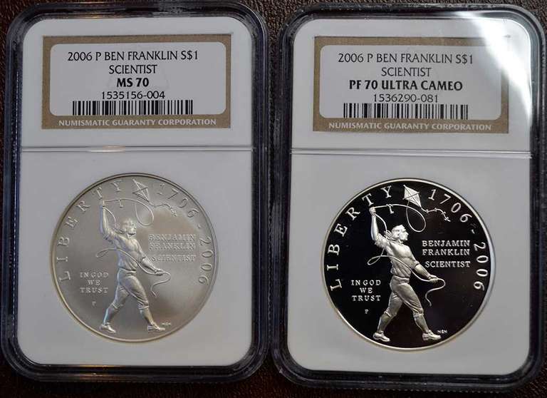 Set Of 2006-P Ben Franklin Scientist Proof And MS NGC 70