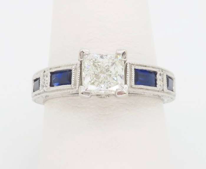 Carved 14k White Gold Diamond and Sapphire Ring