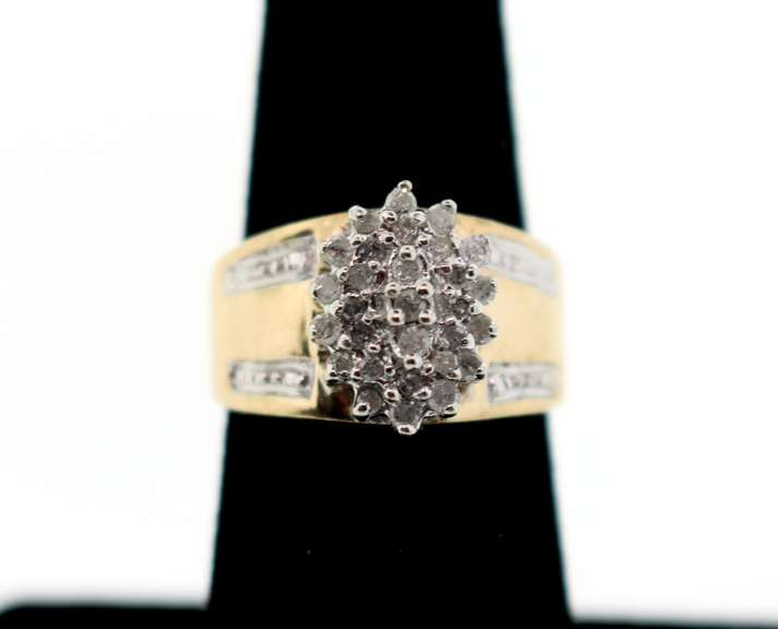 Powerful Diamond Cluster 10k Gold Ring with Channel Set Diamonds