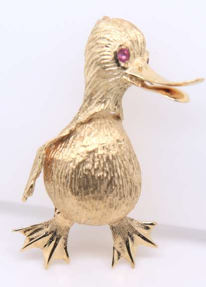 Strong Yellow Gold Ruby Duck Brooch