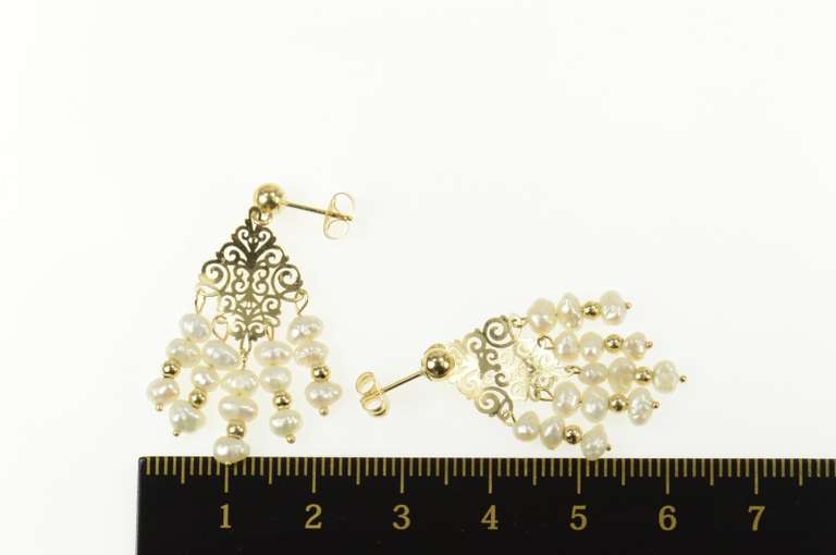 14K Yellow Gold Ornate Scroll Filigree Pearl Fringe Dangle Earrings
