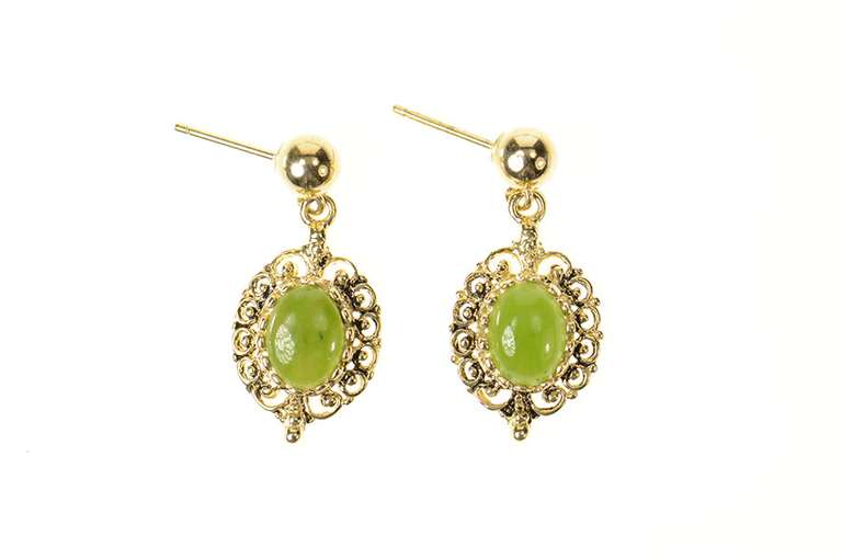 14K Yellow Gold 1960's Neprhite Cabochon Dangle Statement Earrings