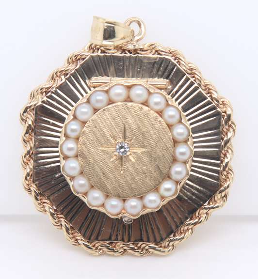 Vinateg Yellow Gold Pearl and Diamond Locket Pendant
