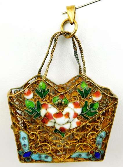 Antique Chinese Filigree Enameled Basket Pendant