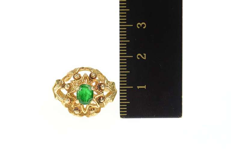 14K Yellow Gold 0.85 Ct Natural Emerald Ornate Cocktail Ring