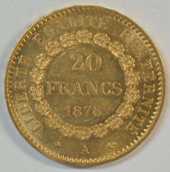 Choice BU 1878-A France 20 Francs Gold 'Angel' piece