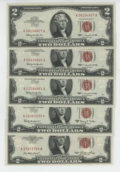 Lot of 5 Superb Gem Crisp Uncirculated 1953 $2 Red Seal notes